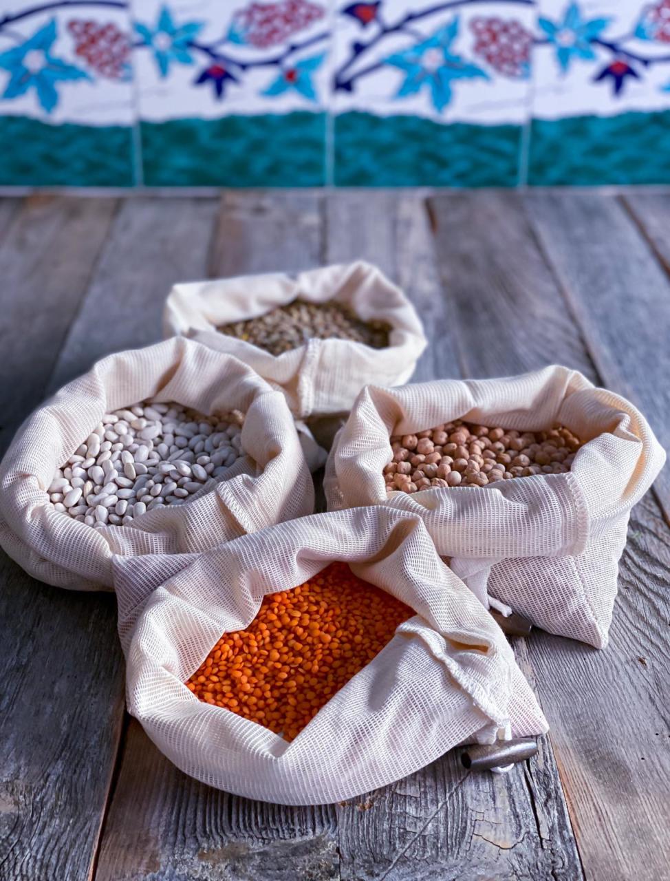 SaffHane Bakliyat Saklama Torbası Organik Pamuk İpliğinden 4'lü Set