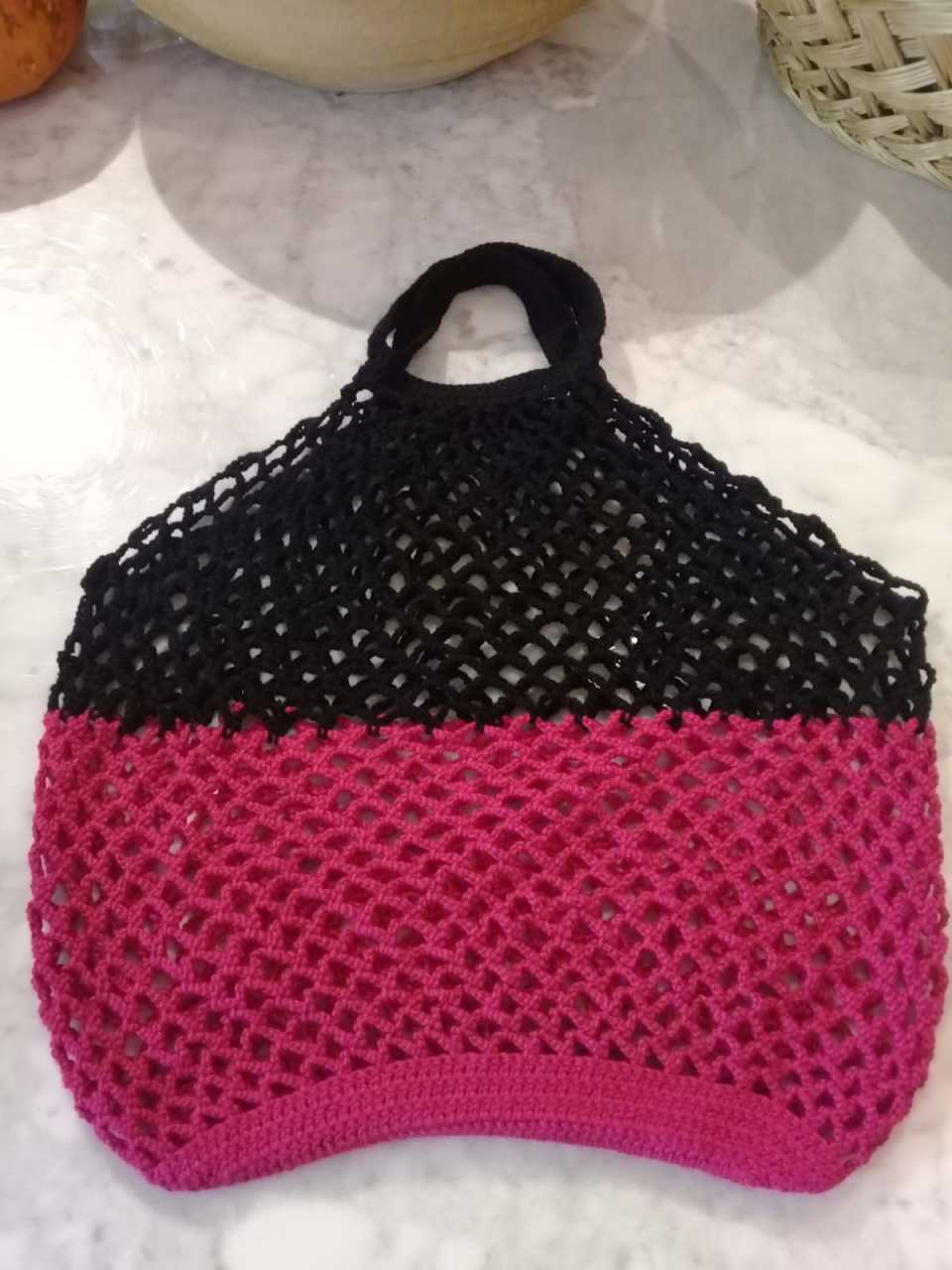 Anne Elinden Geleneksel Pazar'a Özel El işi File Çanta Pembe Siyah